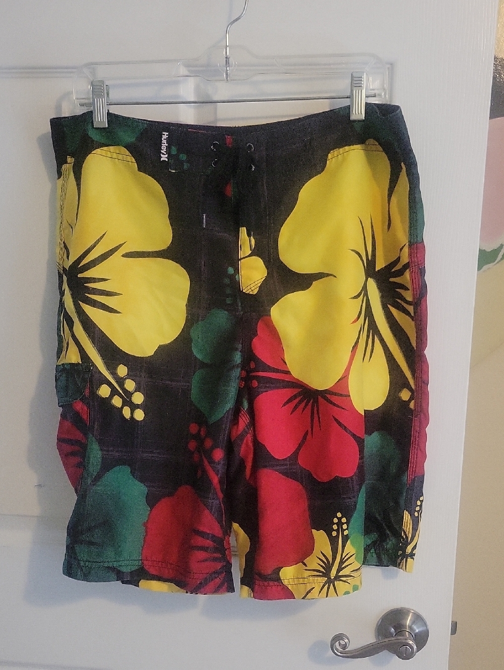 Hurley Black Swim Board Shorts with Yellow & Red Floral drawstring at waist
